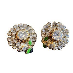 Beautiful Vintage Enamel Flower Rhinestone Layered Clip Earrings (A1906)